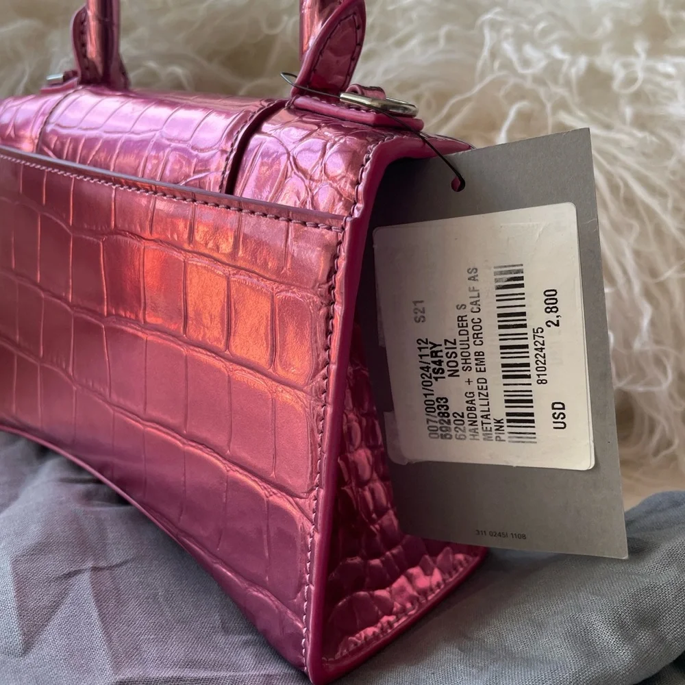 ❌SOLD❌Balenciaga Hourglass Pink Metallic Calfskin Croc Embossed Bag XS BRAND NEW - Picture 5 of 11
